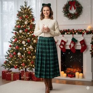 Pendleton‎ Wool Plaid Pleated Skirt Womens Large Green Black Classic Vintage 90s